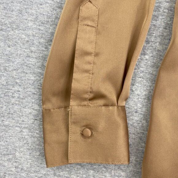 Dennis Basso Blouse Womens Extra Small Brown Silky Button Up Long Sleeve Ruffle - Picture 5 of 13